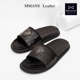 Dép da nam quai ngang MMANS dập vân màu đen có trang trí da tấm đế khâu viền cao cấp tinh tế đơn giản êm ái sang trọng
