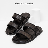 Dép da nam quai ngang MMANS dập vân màu đen 2 quai da tấm đế khâu viền cao cấp tinh tế đơn giản êm ái sang trọng
