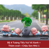 Bộ 4 Tượng Tiểu Vui Vẻ Xanh + Thảm oval + Chậu Sen Nhỏ 1
