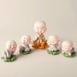 Combo 1 Tượng Sư Thầy và 4 chú tiểu ngồi thiền lá sen - sét áo xám