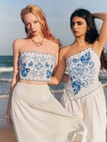 WHITE BLUE EMBROIDERED LINEN TOP
