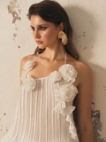 WHITE OFF-SHOULDER PLEATED FLORAL TOP