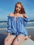 BLUE OFF SHOULDER CHIFFON SHIRT