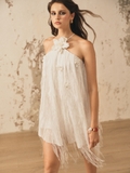 WHITE FRINGE HALTER DRESS