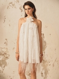 WHITE FRINGE HALTER DRESS