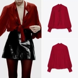 Sơ mi ZARA chiffon đỏ cổ cột nơ