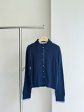 Áo len MAJE navy cổ bẻ cải tay sơ mi kẻ xanh