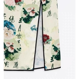 Chân váy ZR lụa satin họa tiết, xẻ đùi