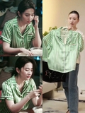 Set NOT JUST PAJAMA lụa kẻ xanh