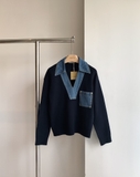Áo SANDRO navy cổ jean V túi ngực