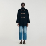 Áo dạ SANDRO đen khuy móc da nâu