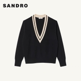 Áo len Sandro đen cổ V cải màu kem