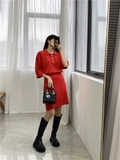 Váy SANDRO đỏ cam cổ bẻ