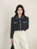 Set SANDRO dạ tweed viền xanh trắng