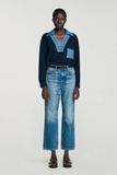 Áo SANDRO navy cổ jean V túi ngực