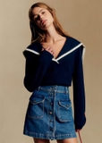 Áo len SEZANE navy cổ bẻ viền