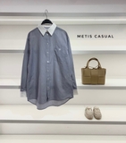 Áo sơ mi Celin kẻ cổ trắng oversize