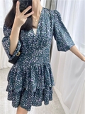 Váy Maje xanh họa tiết tím dáng ngắn
