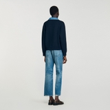 Áo SANDRO navy cổ jean V túi ngực