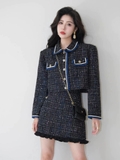 Set SANDRO dạ tweed viền xanh trắng