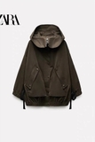 Parka Zara rêu dáng ngắn túi chéo