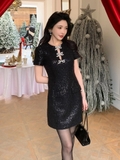 Váy SELF PORTRIAT đen bling nơ cổ