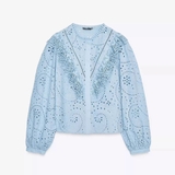 Sơ mi ZARA xanh ren dập cổ bèo