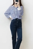 Áo sơ mi Celin kẻ cổ trắng oversize