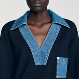 Áo SANDRO navy cổ jean V túi ngực
