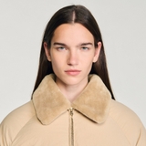 Áo khoác SANDRO nâu cổ lông siêu nhẹ