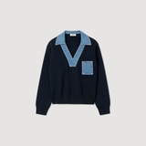 Áo SANDRO navy cổ jean V túi ngực