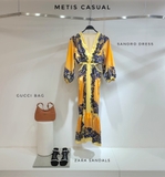 Váy maxi SANDRO lụa vàng họa tiết xanh