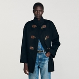 Áo dạ SANDRO đen khuy móc da nâu