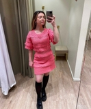 Váy len móc Maje hồng tầng