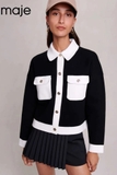 Áo khoác len Maje đen túi trắng