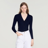 Cardigan SANDRO đen viền ren sườn