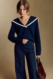 Áo len SEZANE navy cổ bẻ viền