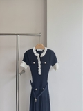 Váy SELF PORTRAIT cộc navy viền hoa 3D trắng