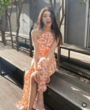 Váy MAJE lụa hoa nhí cam