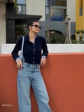 Áo len MAJE navy cổ bẻ tay cải sơ mi kẻ xanh