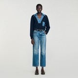 Áo SANDRO navy cổ jean V túi ngực