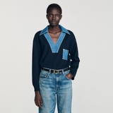 Áo SANDRO navy cổ jean V túi ngực