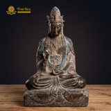 Tượng Quán Thế Âm Bồ Tát Tọa Thiền Đá Xưa Nguyên Khối 59cm