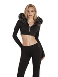 SISTERS Áo khoác croptop nỉ mũ lông Vesper - Đen