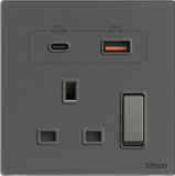 Bộ Ổ Cắm Đơn Kiểu Anh Kèm Sạc USB A+C Và Công Tắc 2 Cực Vuông Màu Xám Simon M7 Gem Diamond Gray Mã 66E7255G-4D