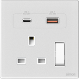 Bộ Ổ Cắm Đơn Kiểu Anh Kèm Sạc USB A+C Và Công Tắc 2 Cực Vuông Màu Trắng Simon M7 Gem Diamond White Mã 66E7255G-4F
