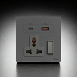 Bộ Ổ Cắm Đa Năng Kèm Sạc USB A+C Có Công Tắc Vuông Màu Xám Simon M7 Gem Diamond Gray Mã 66E7253G-4D-Kính chống chói (Anti-glare Glass) Bề mặt kính cường lực được xử lý khắc Etched AG