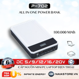 Sạc dự phòng 100000 mah P-702 cấp nguồn cho Mini PC, Laptop, Điện Thoại gọn + nhẹ kèm 10 đầu 100.000