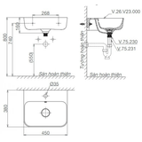 Lavabo chậu rửa mặt Viglacera V23 treo tường + chân