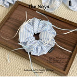 Scrunchie Thô Cotton hoạ tiết kẻ xanh nơ hàng thủ công handmade The Noya T50